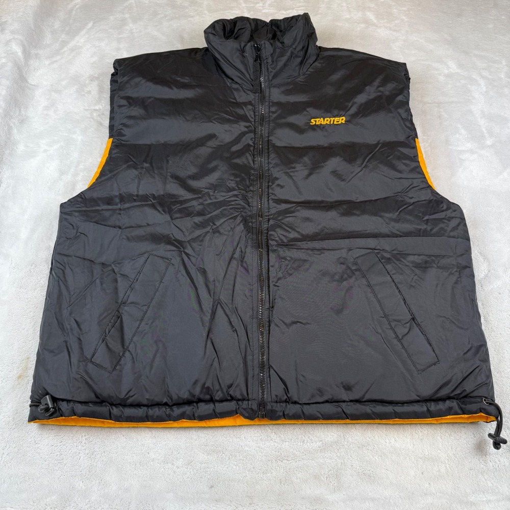Starter Reversible Puffer Vest Mens XL Black Gold‎ Nylon Zip Up Sleeveless